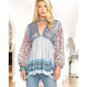 Free People Aliyah Blue‎ Combo Boho Baby Doll Blouse With Bishop Sleeves Small